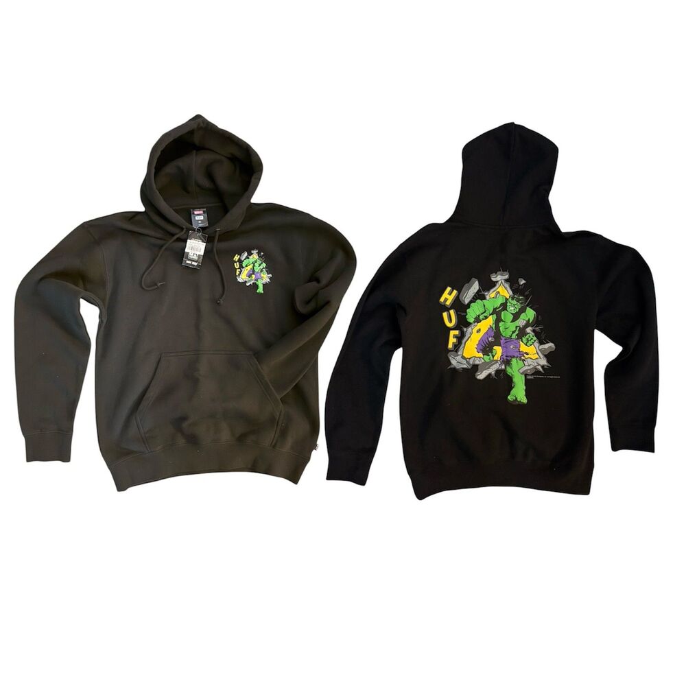 Marvel Incredible Hulk HUF Hoodie Mens Black Graphic Sweatshirt  Streetwear M
